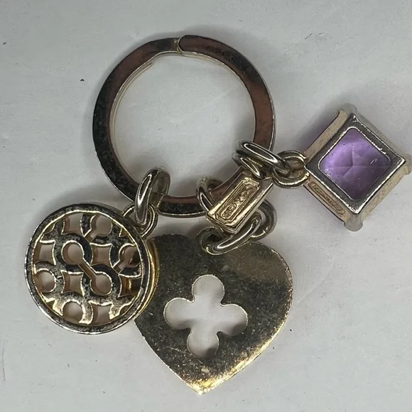 Coach Purple Gemstone Heart Crystal Pave Gold Keychain Fob Vintage